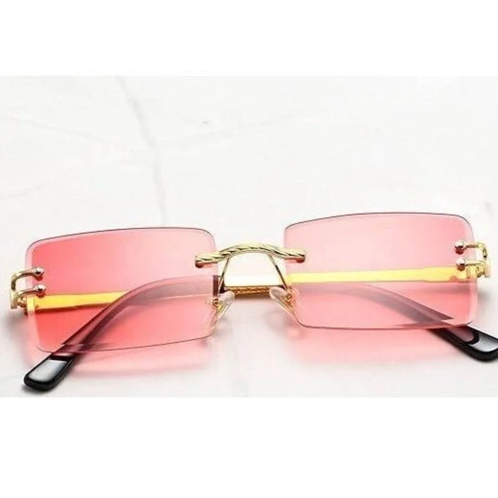 Rimless Sunglasses Pink‎ Lens Gold Frame Rectangle Fashion Shades Classic Retro